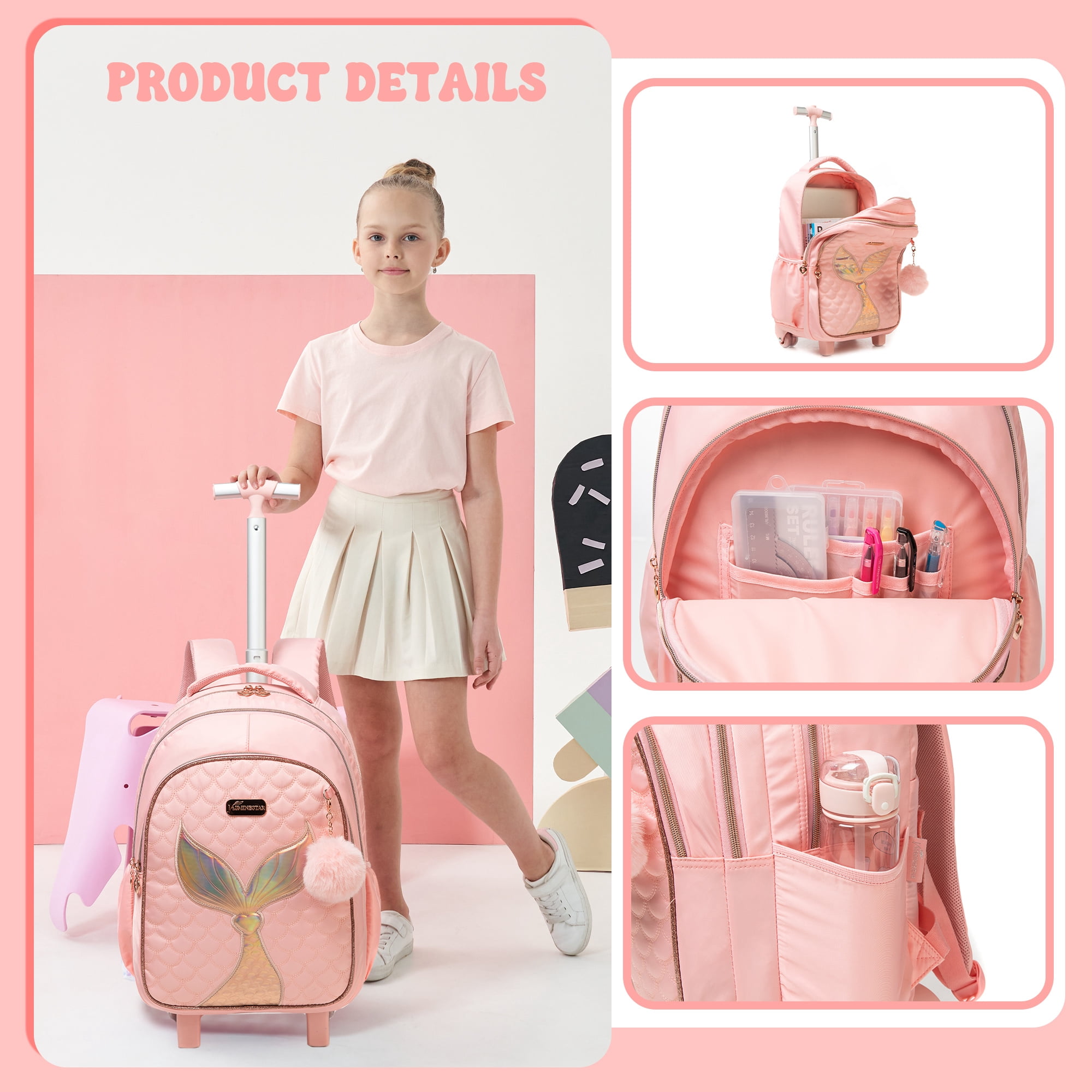 Pink Kids Rolling Backpacks for Girls Roller Backpack with Wheels Lunch Bag Pencil Case Wheeled School Bag for 8-10 Mermaid