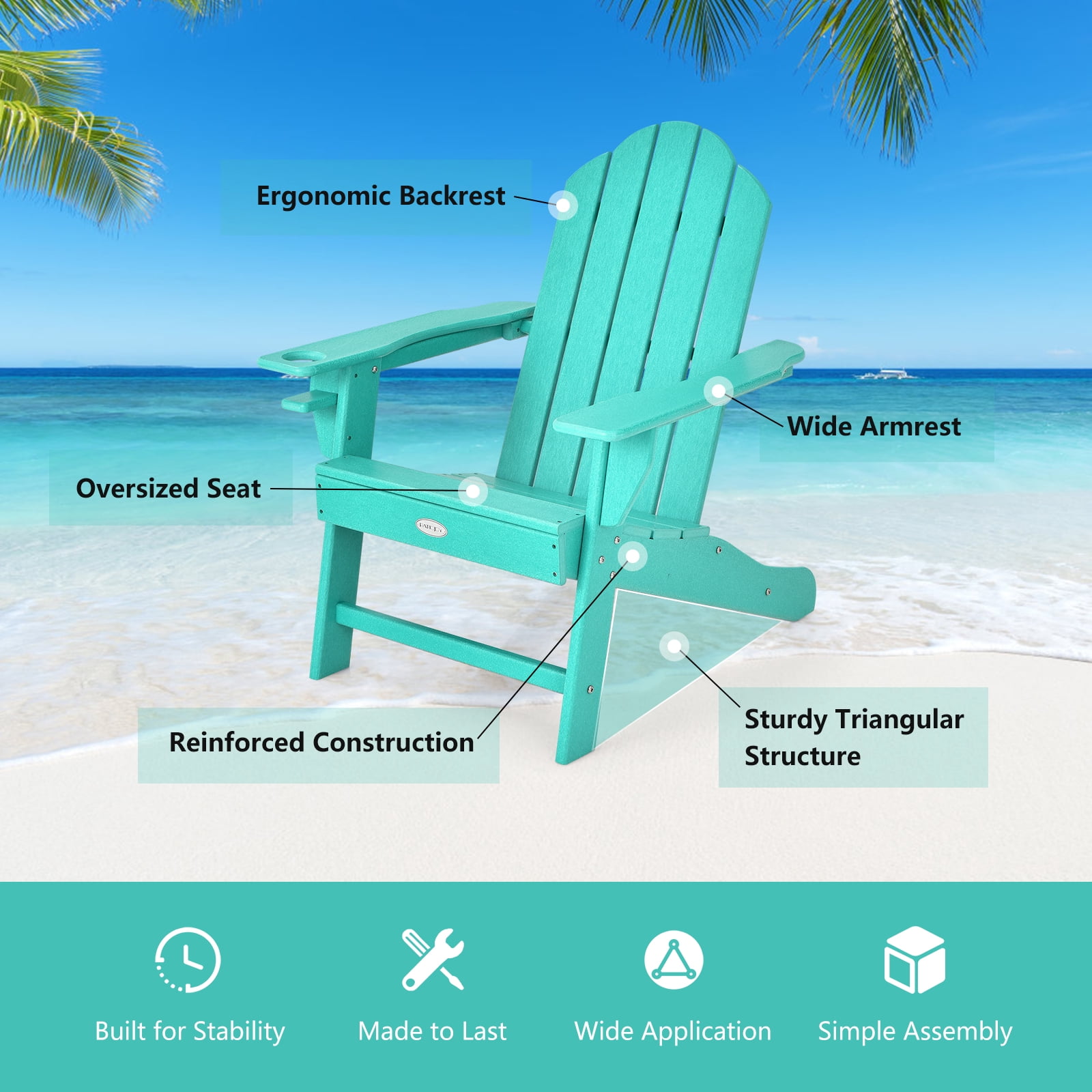 Patiojoy Adirondack Chair Outdoor with Cup Holde Weather Resistant Lounger Chair for Backyard Garden Patio and Deck Turquoise