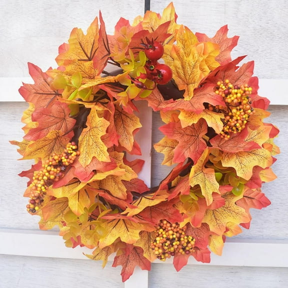 Artificial Maple Leaves Fall Wreath - 11.8" Autumn Wreath with Colorful Maple Leaves Pumpkin Pine Cone and Berries, Harvest Wreath for Front Door Table Wall and Thanksgiving Decoration