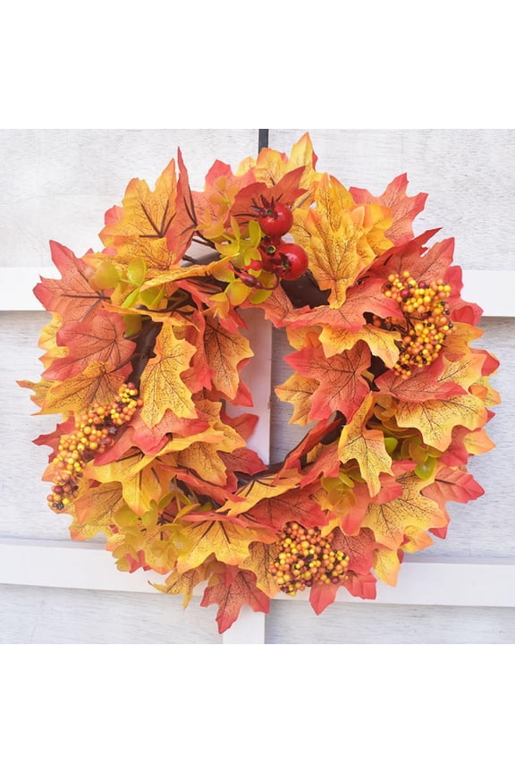 Artificial Maple Leaves Fall Wreath - 11.8" Autumn Wreath with Colorful Maple Leaves Pumpkin Pine Cone and Berries, Harvest Wreath for Front Door Table Wall and Thanksgiving Decoration