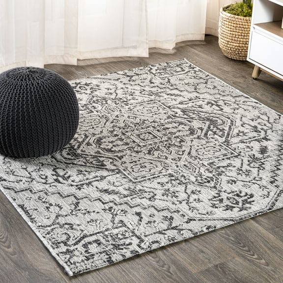 JONATHAN Y SANTA MONICA 5' Square Area Rug, Estrella Bohemian Medallion Textured Weave - Black/Gray, SMB105D-5SQ