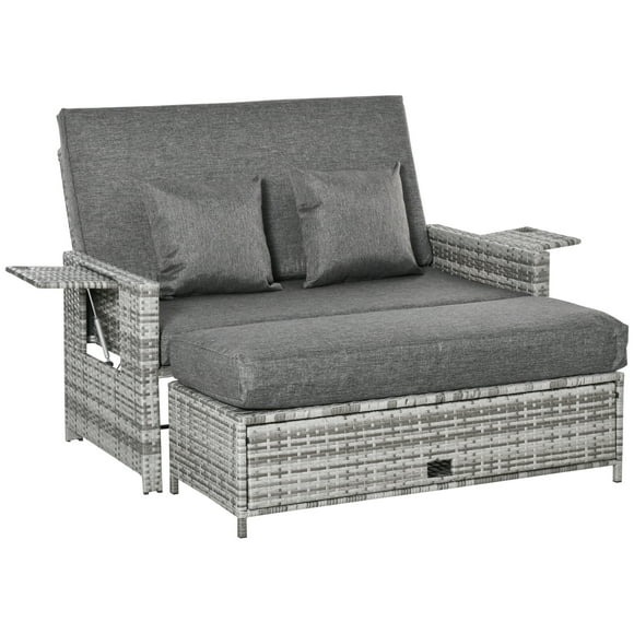 Outsunny 2 Piece Rattan Outdoor Daybed with Cushions and Storage, Grey