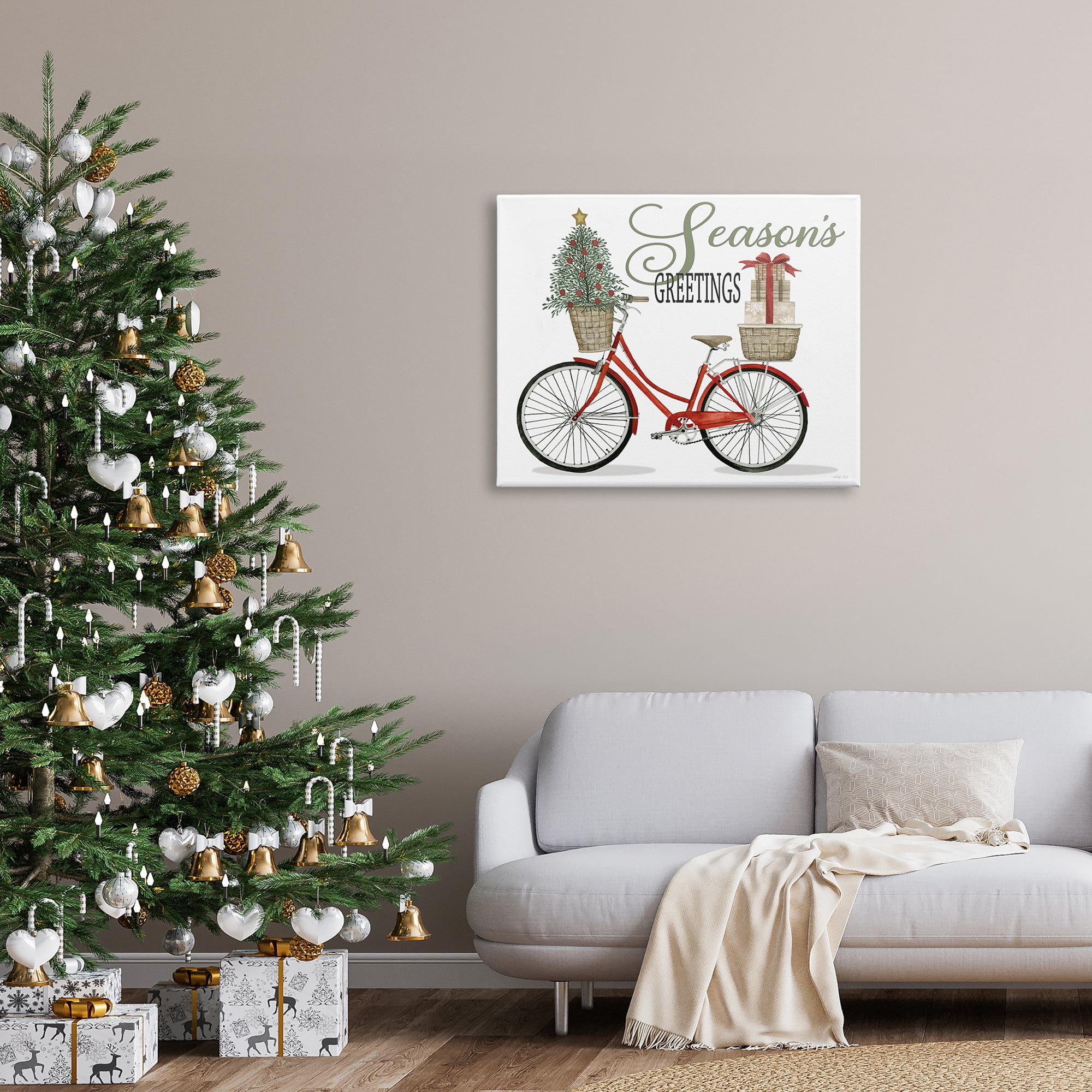 Season's Greetings Festive Holiday Bicycle Gifts Basket Inspirational Graphic Art Gallery-Wrapped Canvas Print Wall Art