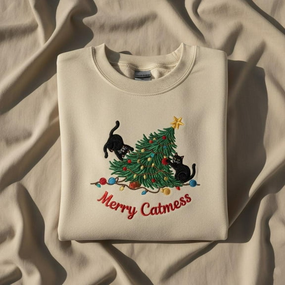 Merry Catmess Embroidered Sweatshirt, Funny Cat Christmas Sweater, Tangle Light Crewneck, Crazy Cat Lady Gift, Xmas Kitten