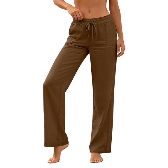 aohooy Drawstring Linen Pants Women Petite Elastic High Waist Pants Summer Casual Beach Lounge Vacation Trousers with Pockets Brown,L