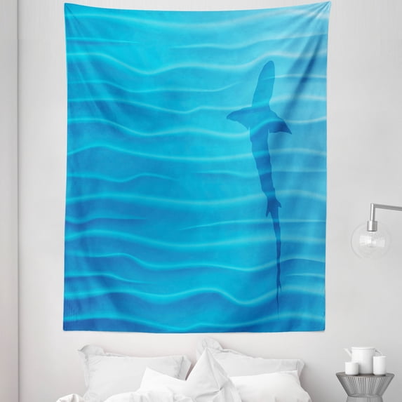 Summer Tapestry, Shark Silhouette in Water Waves Shadow Danger Summertime Marine Life Art Print, Fabric Wall Hanging Decor for Bedroom Living Room Dorm, 5 Sizes, Blue, by Ambesonne