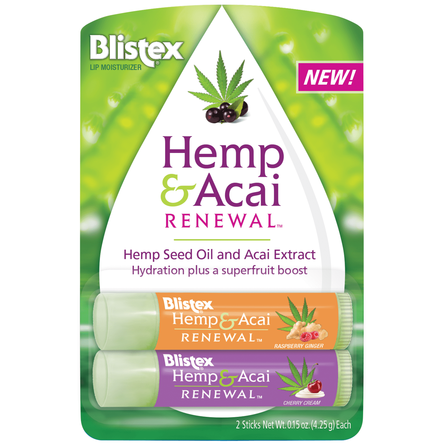 Blistex Hemp & Acai Renewal Lip Balm, Raspberry Ginger and Cherry Cream, 2 Pack