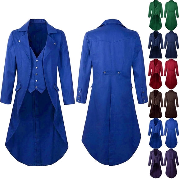 Men's Vintage Gothic Medieval Steampunk Long Tailcoat Jacket Victorian Frock Button Down Swallow Coat Uniform Blue S