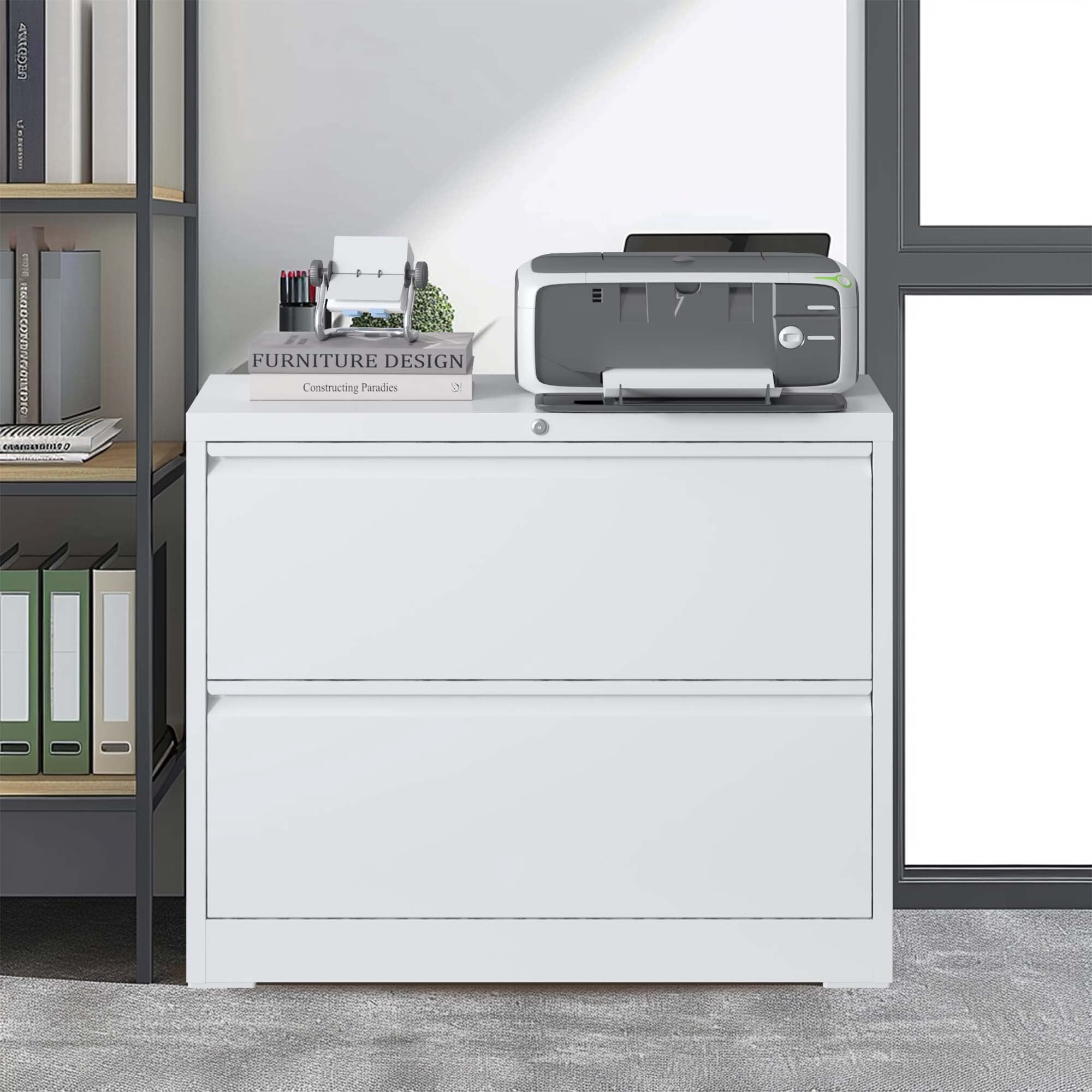 Lateral File Cabinet 2 Drawer, White Filing Cabinet with Lock, Lockable File Cabinet for Home Office, Locking Metal File Cabinet for Legal/Letter/A4/F4 Size