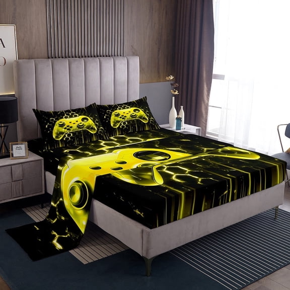 Erosebridal Gaming Gamer Twin Sheet Sets, Video Game Bedding Twin Size, Neon Gradient Gamepad Bedroom Decor, Black Yellow 3 Pieces