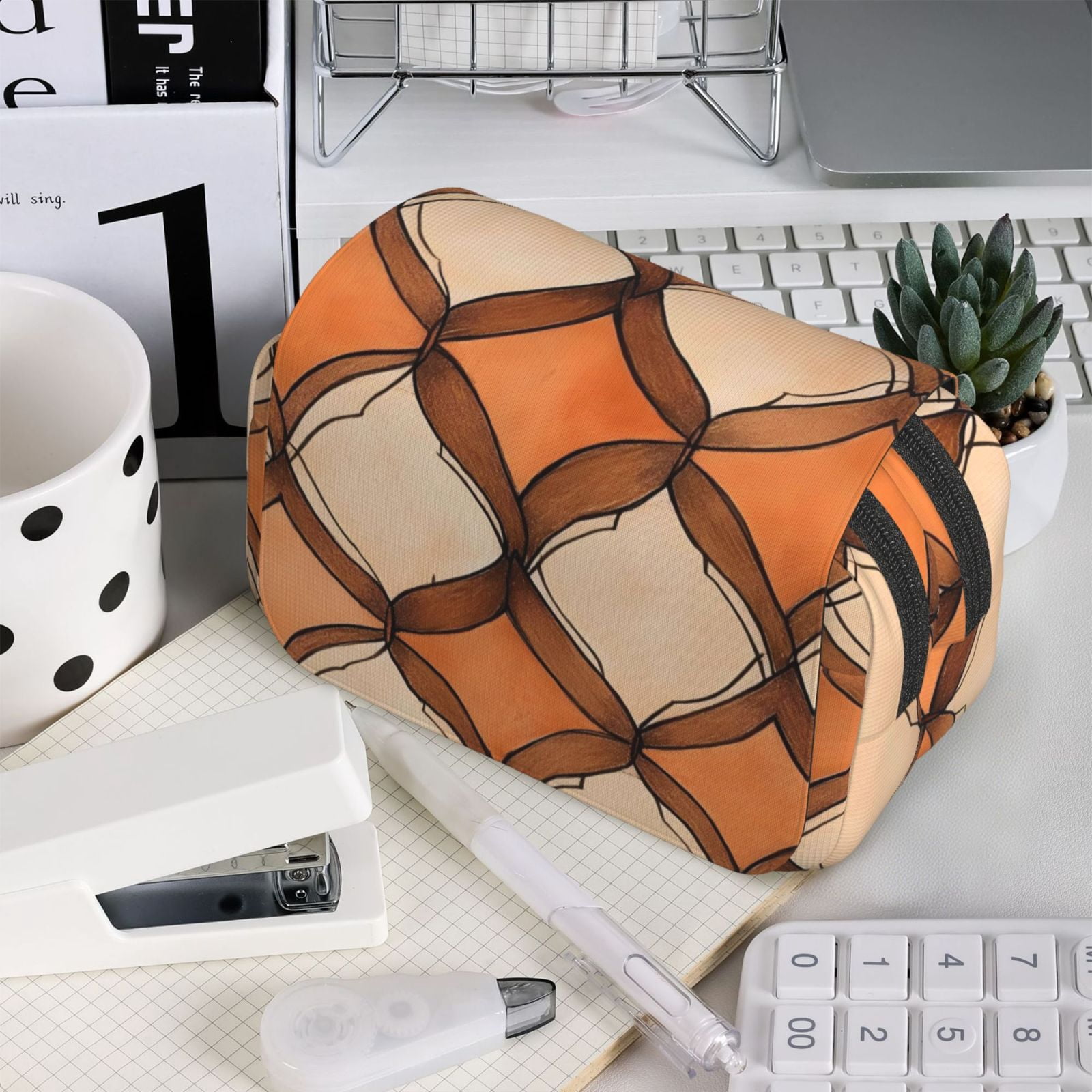 Large-Capacity Flip-Top Double-Layer Pencil Case, Multi-Functional Pocket Pen Case, Durable Stationery Organizer Sandybrown Moroccan Trellis Hand-Drawn Sketch_1