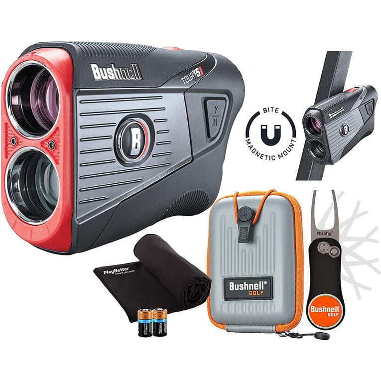Bushnell Tour V5 Shift (Slope) Golf Laser Rangefinder Patriot Pack PlayBetter Bundle | +Carrying Case, Divot Tool, PlayBetter Microfiber Towel, Two Batteries | Pinseeker Jolt, 6X Mag | 201911P