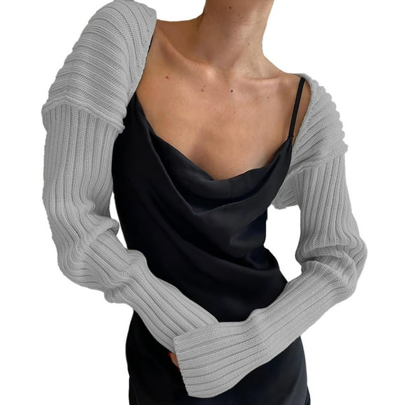 WEAIXIMIUNG Women Knit Crochet Long Sleeve Crop Top Bolero Cardigan Contrast Color Vintage Cropped Sweater