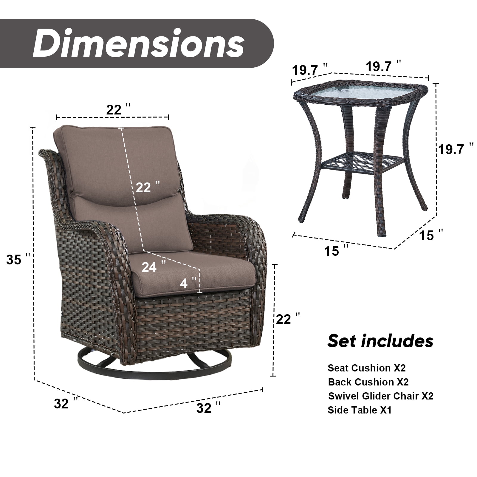 Gymojoy 3 Pieces Patio Furniture Set, Outdoor Swivel Gliders Rocker, Wicker Patio Bistro Set with Rattan Rocking Chair for Backyard,Porch( Gray)