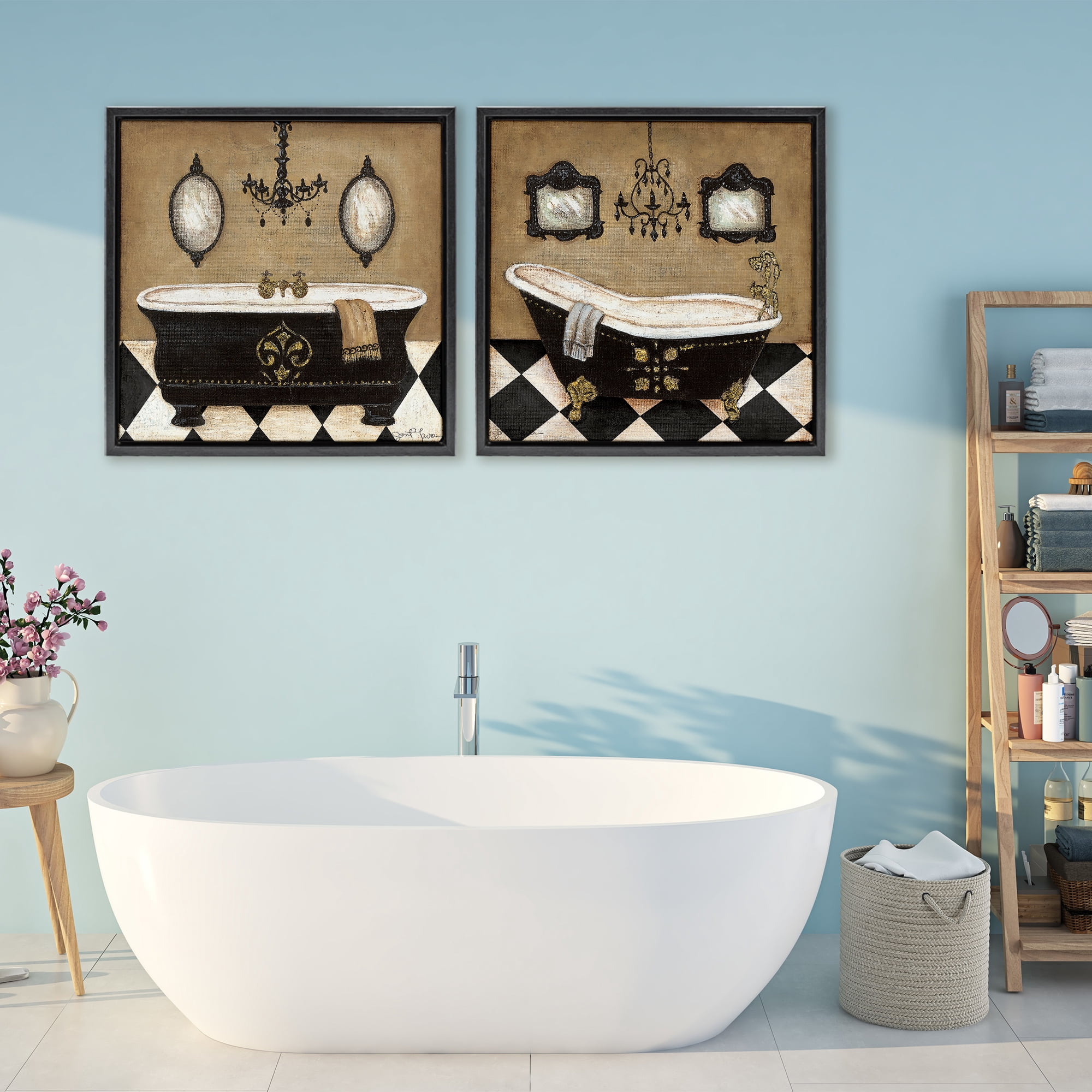 Stupell Industries Elegant Bathroom with Chandeliers 2 Piece Black Framed Floater Canvas Set, design by Janet Tava