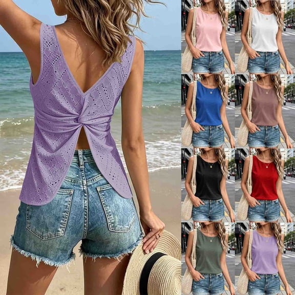 Zulora Women's Fashion Crew Neck Sleeveless Knot Backless Camisole Top Spring Summer Casual Daily Wear