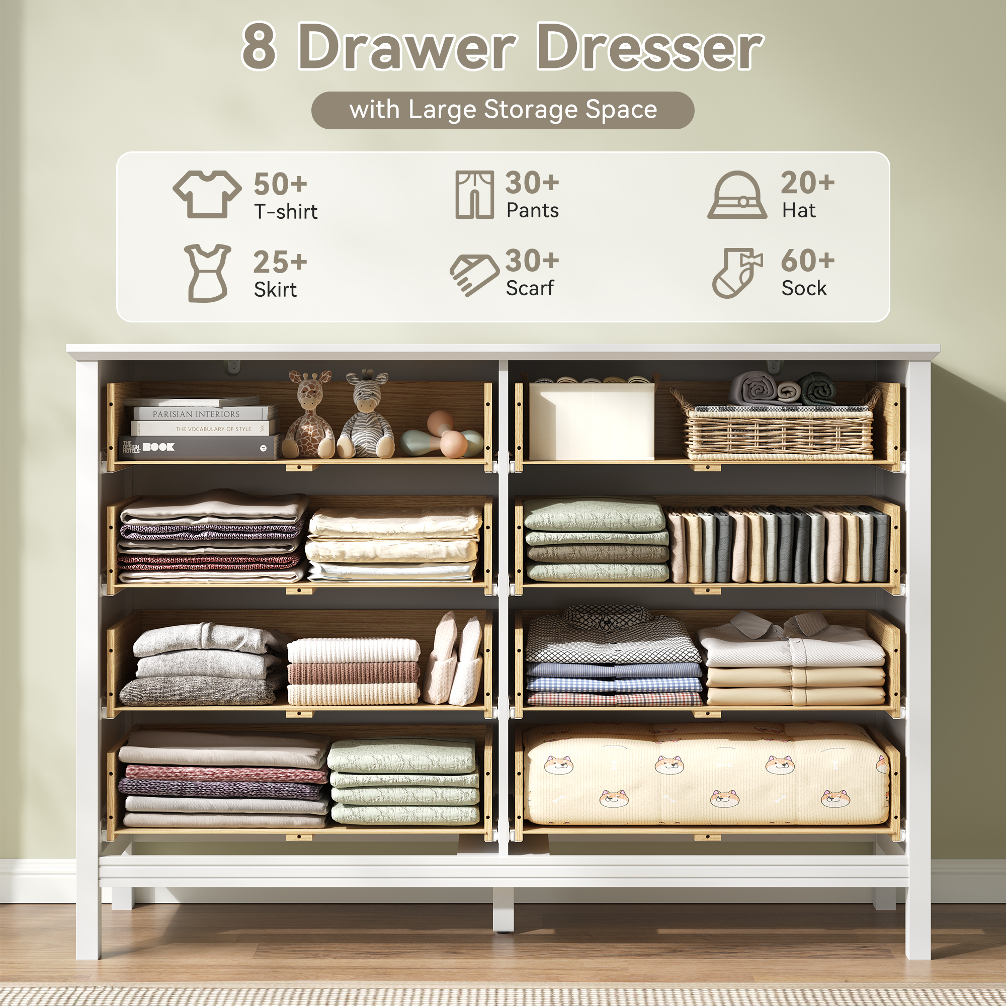 YouTrend 8-Drawer Dressers for Bedroom,55.1"Width Modern Chest of Drawer with Metal Handlesfor Living Room,Hallway,Entryway,White
