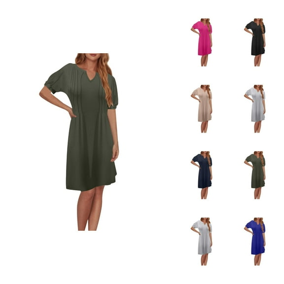 Tshirt Dress Women Summer Short Sleeve V Neck Loose Fit Pleated Casual Midi Dresses T Shirt Dresses for Women