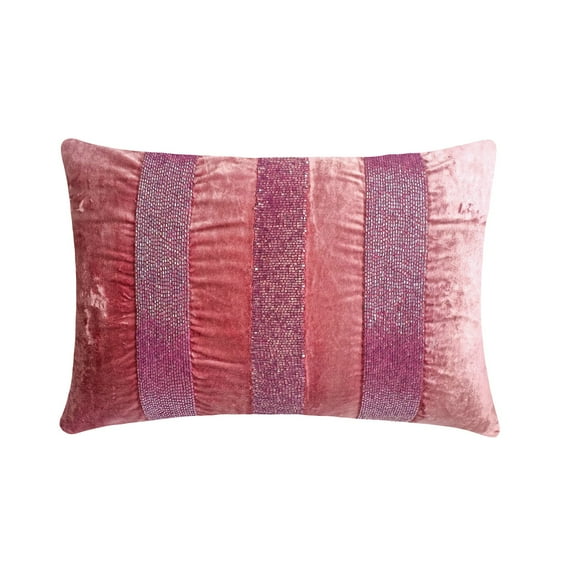 Decorative Pink 12"x16" (30x40 cm) Lumbar Pillow Cover, Velvet Beaded Oblong Pillow, Striped Pattern Modern Style - Sparkling Stripe Pink