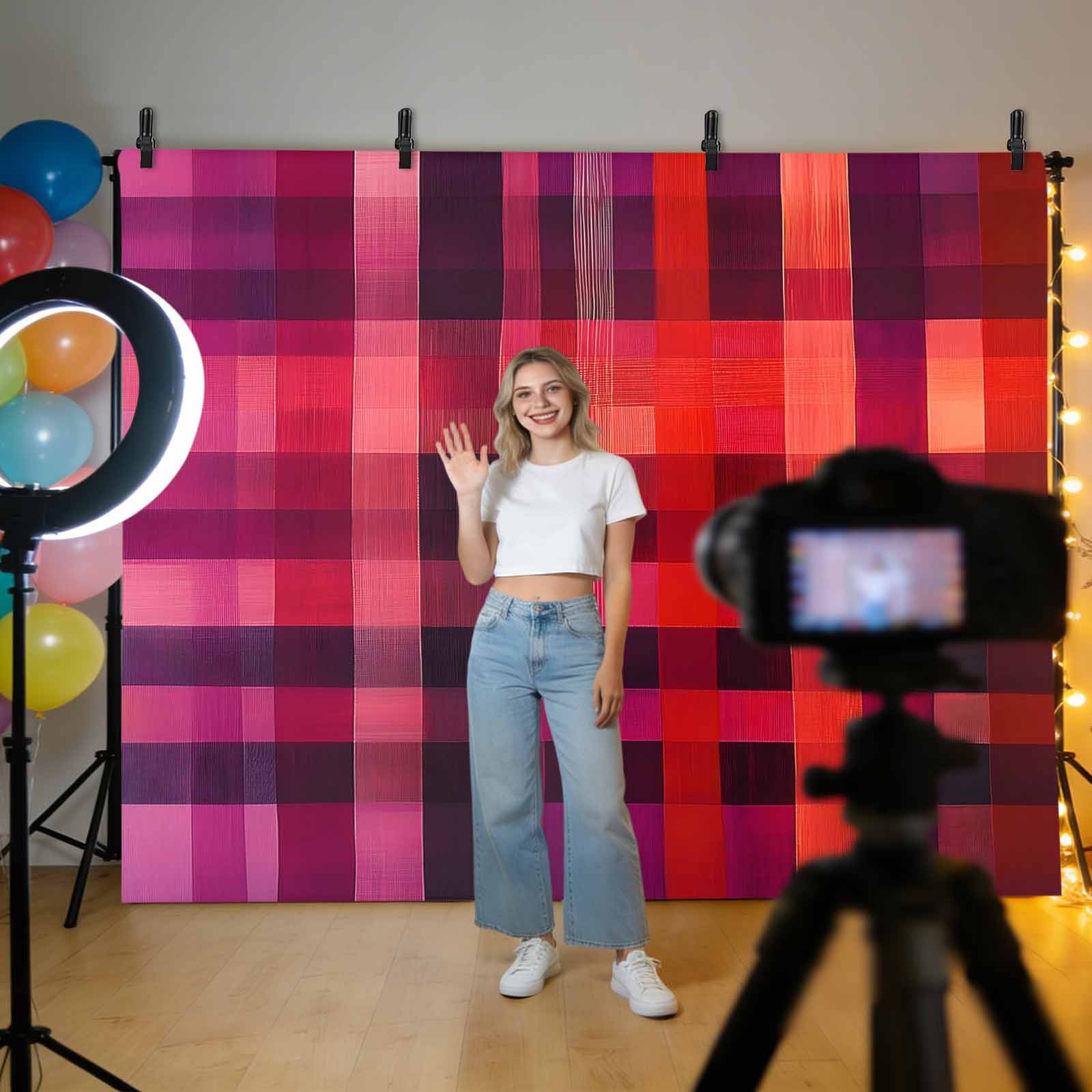 Red Purple Backdrop for Photography,Fabric Photo Background Backdrop,Modern Striped Plaid Abstract Oil Painted Photo Booth Background for Portrait Photoshoot Video Wedding Decoration Banner 7x5ft