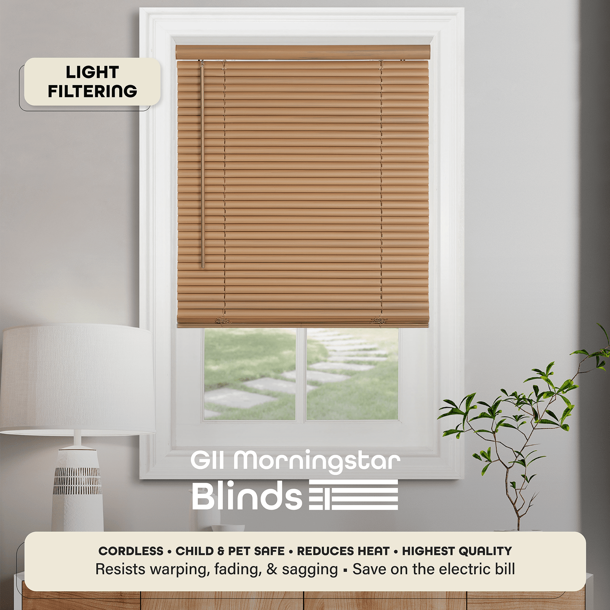 Achim GII Morningstar Indoor Cordless Woodtone Vinyl Light Filtering Window Mini Blind, 64" L x 29" W