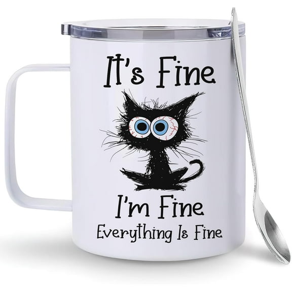 Funny Black Cat Gifts For Cats Lover - It's Fine I'm Fine Everything Coffee Tumbler Cup Mug Stainless Steel 12 Oz - Cats Gifts For Women - Birthday Gift For Cat Lovers On Birthday Christmas