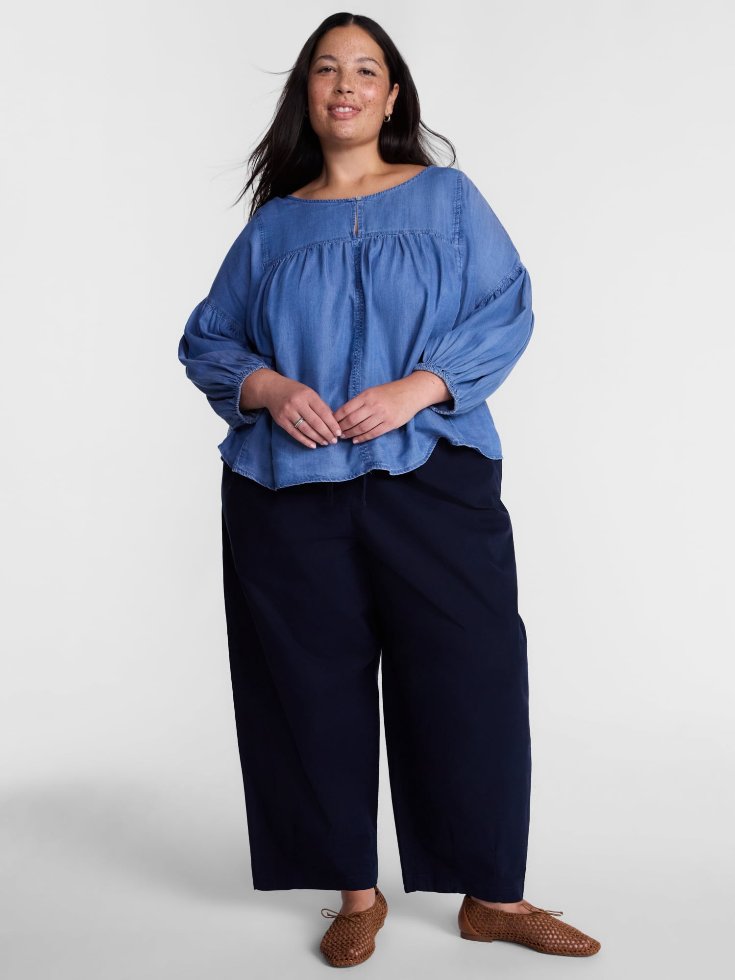 Terra & Sky Pleated Keyhole Front Blouse with Long Puff Sleeves, Sizes 0X-5X
