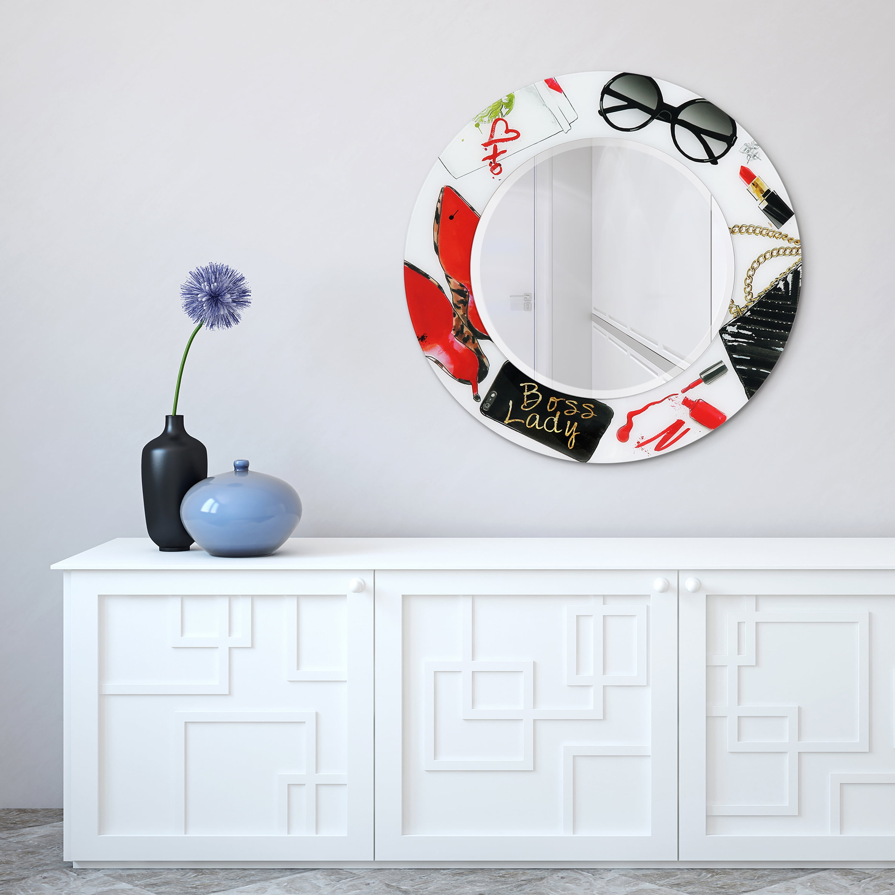 Empire Art Direct TAM-JP802-3636R-2424R 36 x 36 in. Boss Lady Round Beveled Mirror on Free Floating Reverse Printed Tempered Art Glass