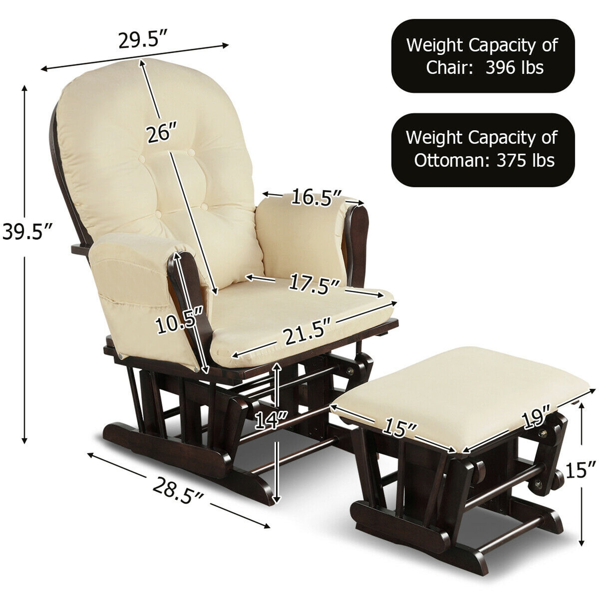 Gymax Wood Baby Nursery Rocking Chair Glider and Ottoman Cushion Set Espresso Finish with Beige Cushions