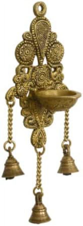 Brass Antique Design Handcrafted Wall Hanging Oil Lamp Diya with Bells Decorative Showpiece (Approx. 4 x6 x 3 Inch)