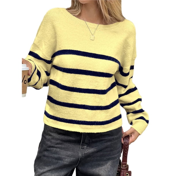 Suéter Corto de Cuello Redondo para Mujer, Larga, Tejido Grueso, Estilo Jersey, Ideal para Otoño Amarillo y Azul L