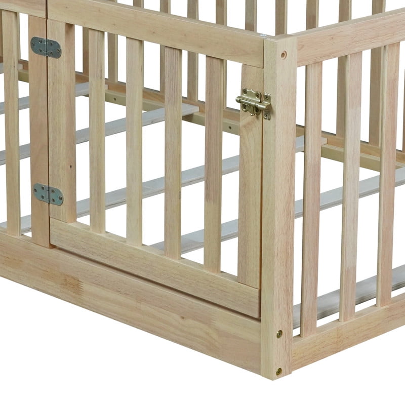 Mirightone Twin Size Floor Bed, Wood Montessori Floor Beds with High Fence Railings, Door & Slats Support, Twin Playhouse Bed Frame, No Box Spring Needed, Natural