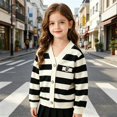 thumbnail image 3 of Coerni Girls Button Up Sweaters Wide Striped V-Neck Knit Cardigan Cute Casual Kids Preppy Sweaters Outerwewar Spring Fall Clothes, 3 of 8