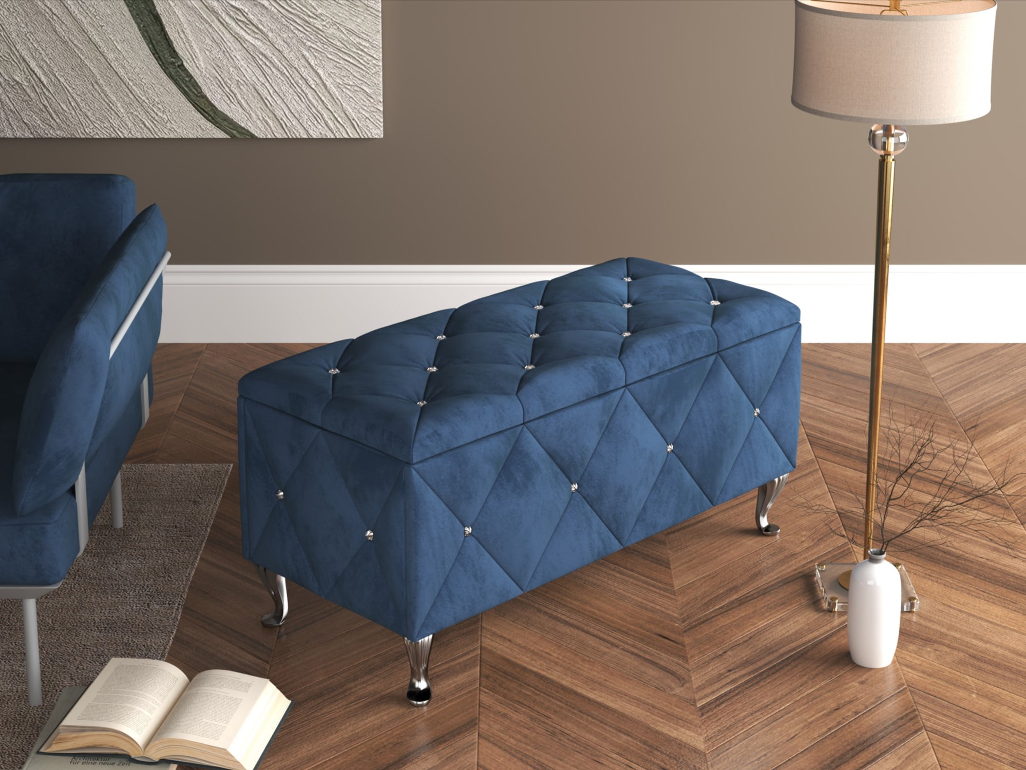 Home Design Bodhi Upholstered 42" Flip Top Storage Bench with Diamond Tufted Velvet Seat, Spacious Hidden Storage, and Multi-Purpose Rectangular Design for Bedroom or Living Room, Blue