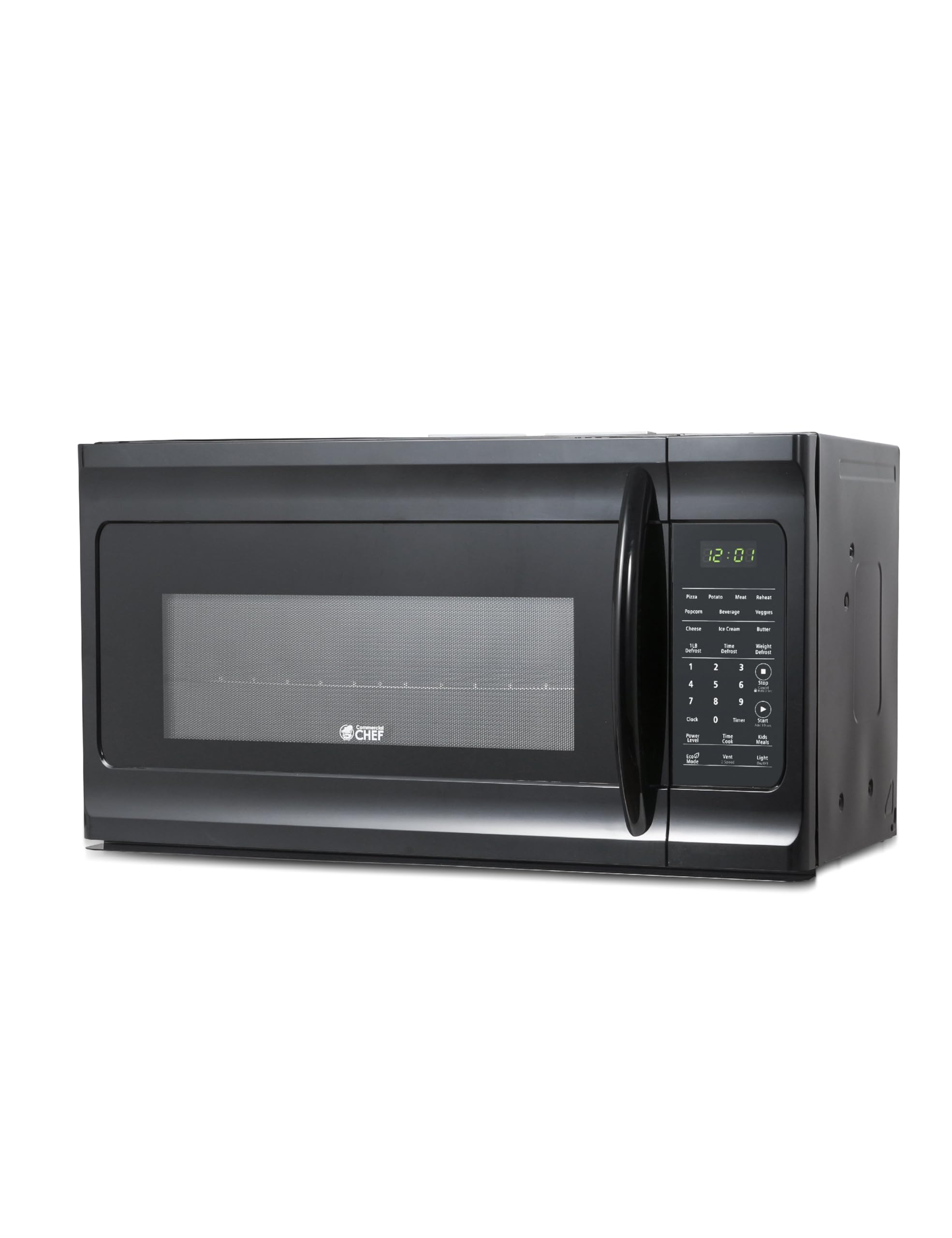 Commercial Chef 1.7 Cu. Ft. Over-The-Range Microwave Oven, 1000 Watt Microwave with 10 Power Levels, 300 CFM Hidden Vent Hood Fan, Touch Controls, LED Display, 10 Preset Options, CHMR17GB, Black