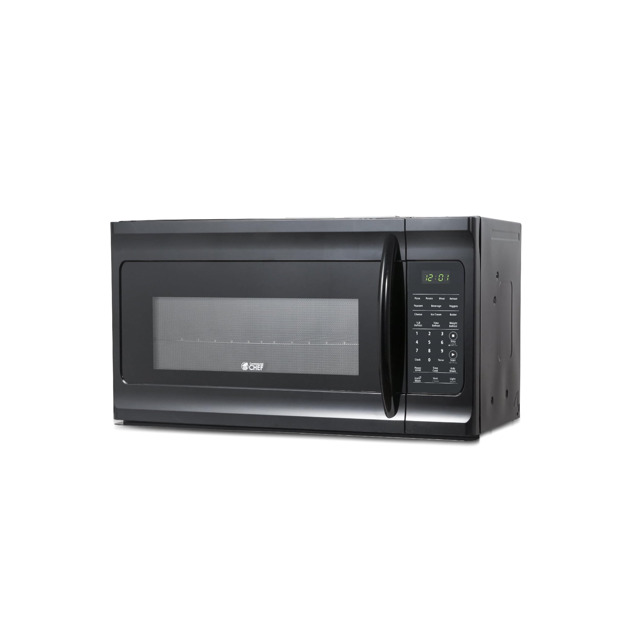 Commercial Chef 1.7 Cu. Ft. Over-The-Range Microwave Oven, 1000 Watt Microwave with 10 Power Levels, 300 CFM Hidden Vent Hood Fan, Touch Controls, LED Display, 10 Preset Options, CHMR17GB, Black