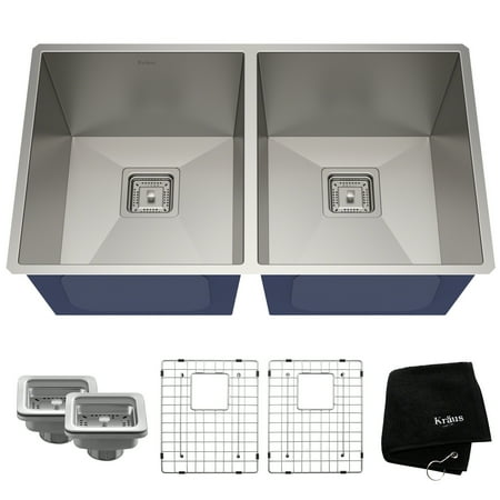 26 Undermount Kitchen Sink KRAUS Pax™ Zero-Radius 31 ½-inch 16 Gauge Undermount 50/50 Double Bowl Stainless Steel Kitchen Sink ()