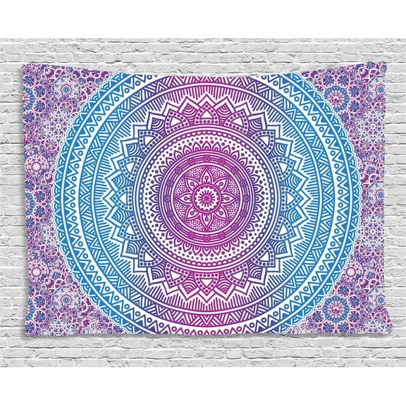 Blue and Pink Tapestry, Ombre Mandala Floral Star Medallion Pattern Indian Style Bohemian, Wall Hanging for Bedroom Living Room Dorm Decor, 80W X 60L Inches, Blue White and Violet, by Ambesonne
