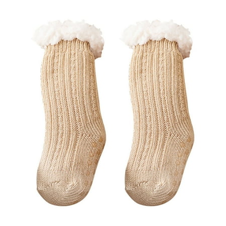 

Odeerbi Baby Toddler Socks Thick Wool Lamb Velvet Childrens Floor Socks Solid Color Non-slip Socks Khaki