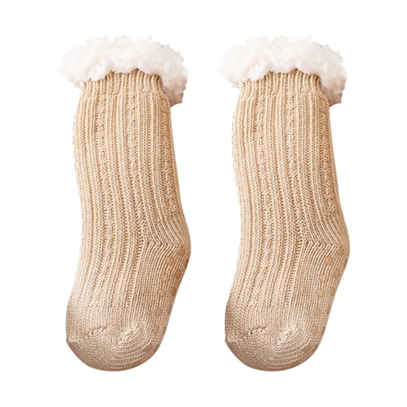 Odeerbi Baby Toddler Socks Thick Wool Lamb Velvet Childrens Floor Socks Solid Color Non-slip Socks Khaki