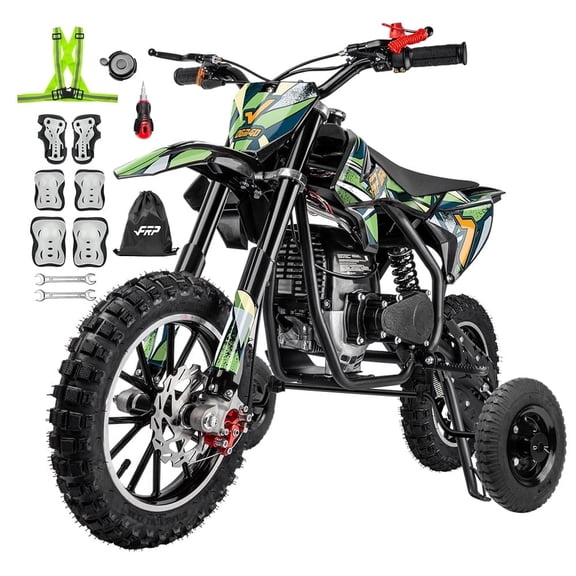 FRP FX40 40cc 4-Stroke Gas Powered Dirt Bike with Training Wheels, Safety Kill Switch, Max Speed 20 MPH, Front & Rear Disc Brakes, Stability Enhancement, EPA Certified - Green