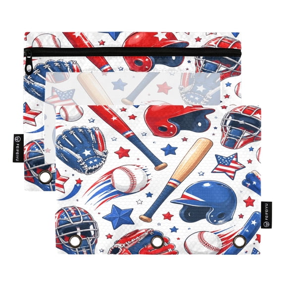 2 Pack 3 Ring Binder Pouch with Clear PVC Window Water Resistant Zipper Pencil Pouch Baseball Equipment Pattern Binder Pocket for Classroom Office Home Stationery Organization
