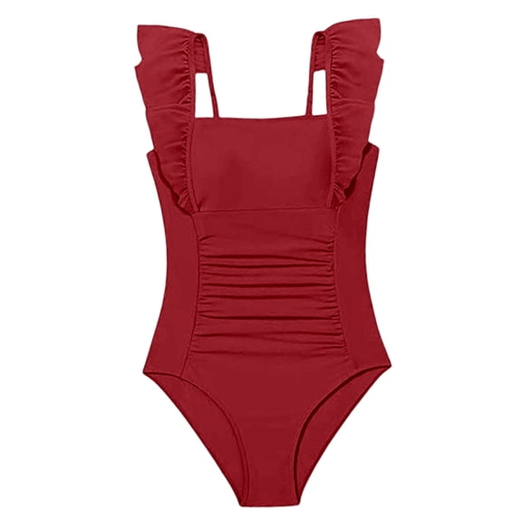 Girls 1 Piece Swimsuit, Ruffle Sleeve Ruched Monokini, Solid Color Square Neck Swimwear for Kids, Beach