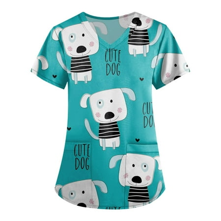 

QWERTYU Scrubs Top for Women V Neck Working T Shirt Casual Pockets Nursing Scrubs Professionals Short Sleeve Uniform Sky Blue M