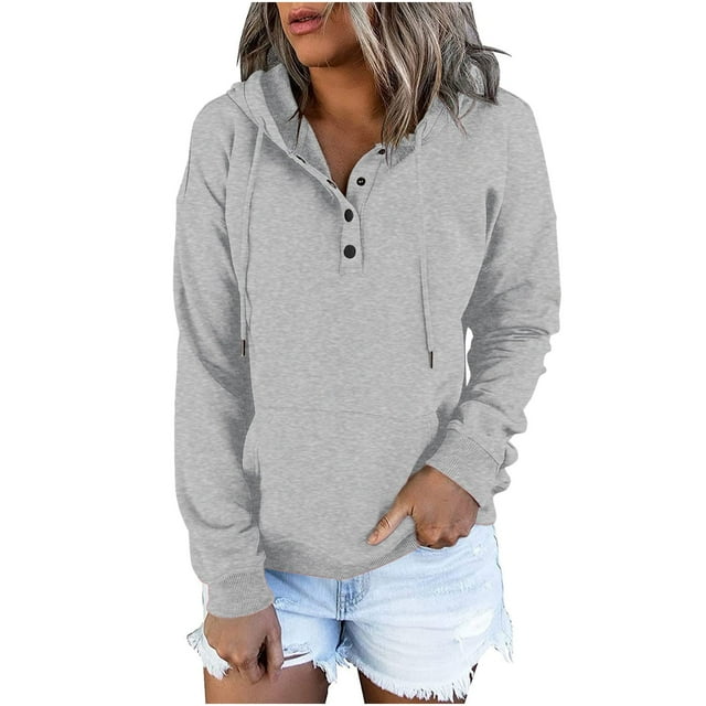 Women's Solid Color Long Sleeve Casual Hooded Sweatshirt With Female Button Buttons And Drawstring Pockets