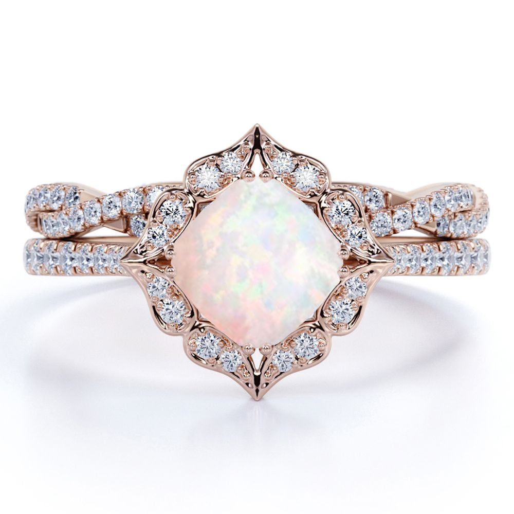 JeenMata 1.75 ct Real Cushion Cut Blue Opal and Moissanite Engagement Ring Set in 18K Rose Gold over Silver