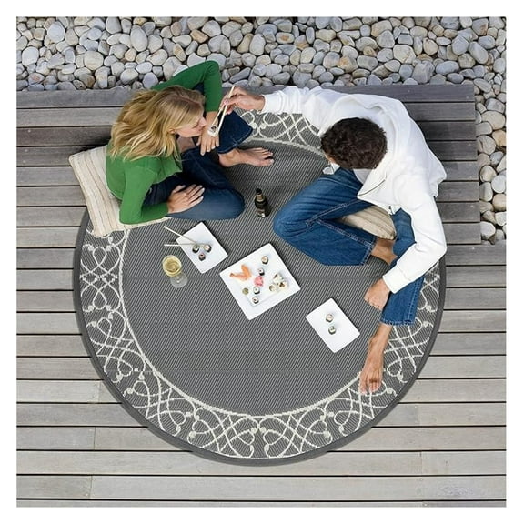 Round Outdoor Rug 5x5 ft - Reversible Patio Rug for Garden, Balcony - Plastic Straw Rug Gray & Beige - Indoor/Outdoor Rug for Picnic, RV
