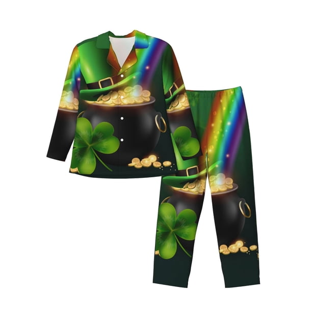 Fotbe St. Patrick's Day4 Pijama de Hombre con Estampado de Manga Larga, Conjunto de 2 Piezas, Ropa de Dormir Suave y Cómoda con Bolsillos-XX-Large