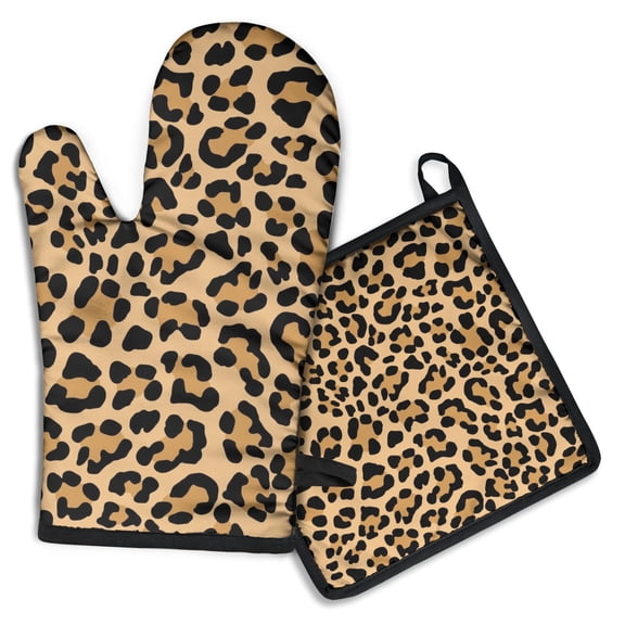Beige and Black Of Leopard Print Kitchen Oven Mitt and Pot Holder Sets 2 Pcs for Baking, Cooking and Grilling, Heat Resistant Up To 392 °F