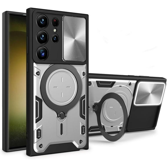 Magnetic Ring Bracket Sliding Window Phone Case for Samsung Galaxy Note 20 / Note 20 Ultra, Lens Protection  Shell, Shockproof Stand Back Cover Silver